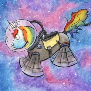 Painting of a unicorn in space with its horn sticking out of its bubble helmet and it trying to hold its breath and run in zero-g