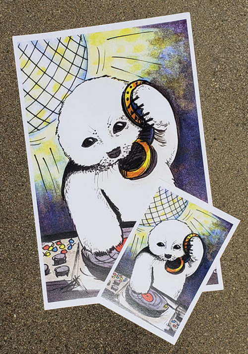 Photo example of large and small prints of Please Stop Clubbing, baby seals