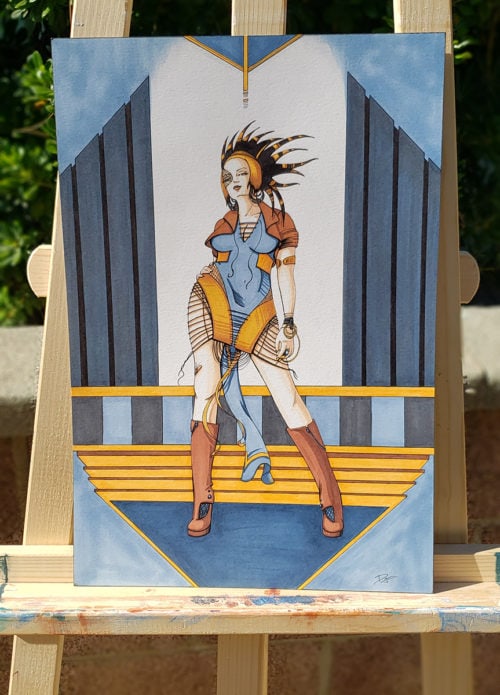 Drawing of a cyber punk woman standing near an art deco looking wall