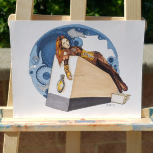 Ink and copic marker art piece of a steampunk woman laying on a sloping block and blue gears in the background