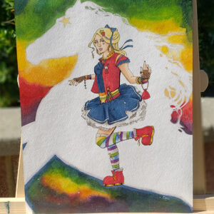 Photo of the Rainbow Punk painting on an easel.