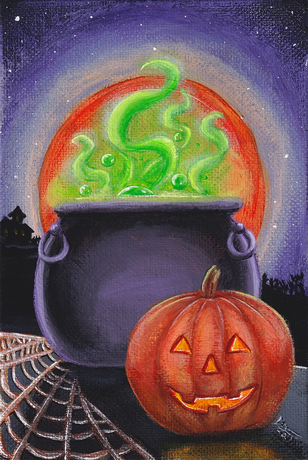Acrylic Painting of a smiling jack-o'-lantern in front of a cauldron with green steam rising above it.