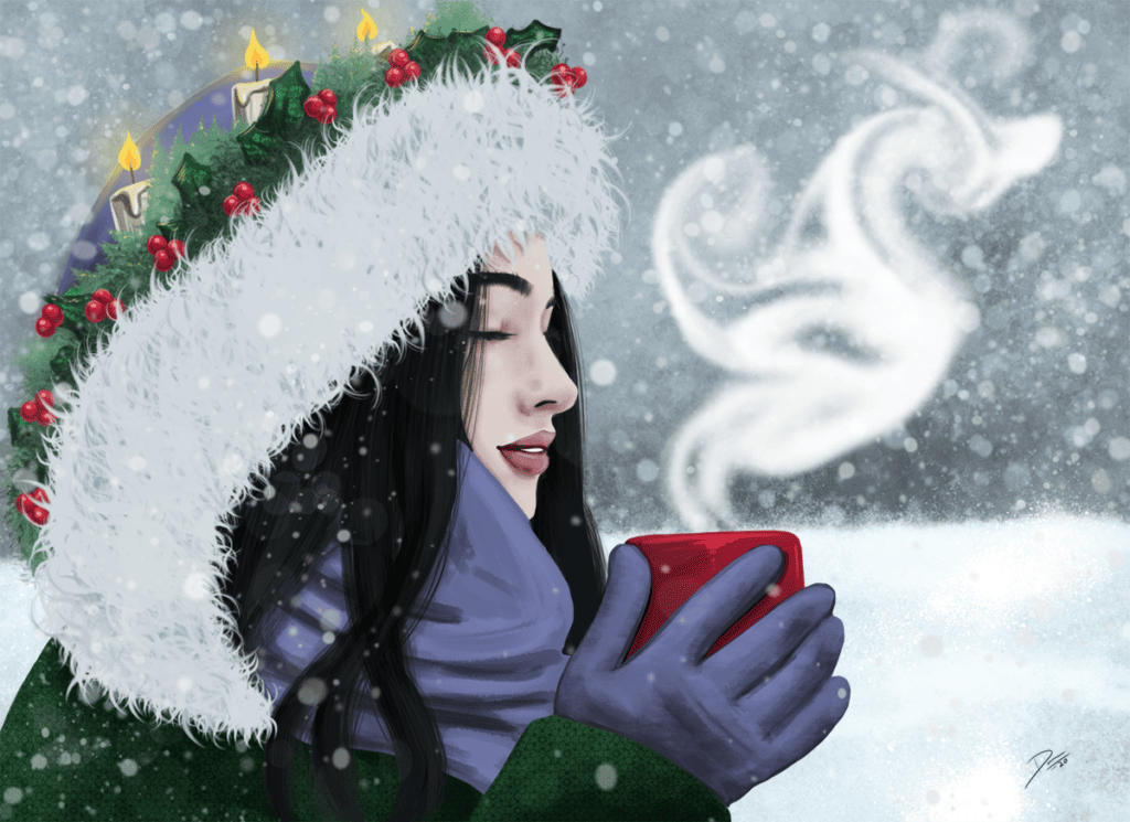 Digital artwork of woman holding a steaming hot drink in the snow while wearing a hooded coat.