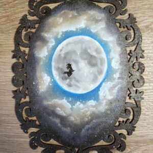Oil painting of the silhouette of a witch flying past a cloudy night sky with a full moon.