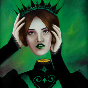 Oil painting of a woman placing a head wearing a spiked crown on a black and green dressed body.