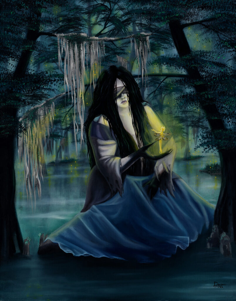 Oil Painting of a woman wearing a blindfold in a swamp, in her hand is a glowing fairy and fireflies behind her