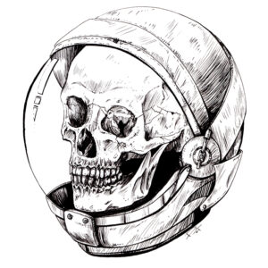 Ink Drawing of a skull in an astronaut helmet.