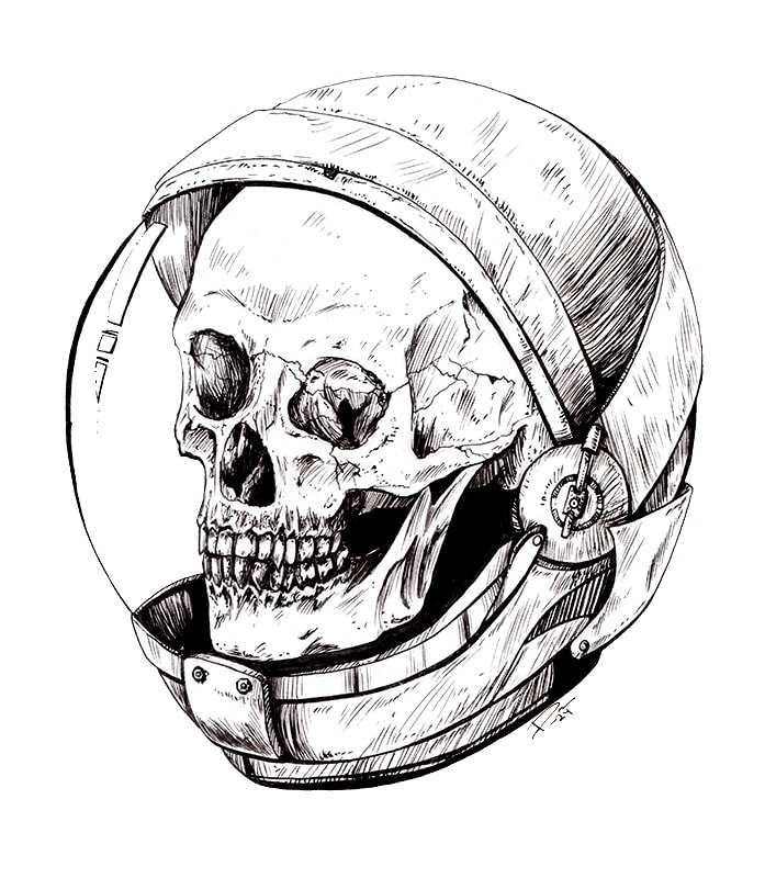 Ink Drawing of a skull in an astronaut helmet.