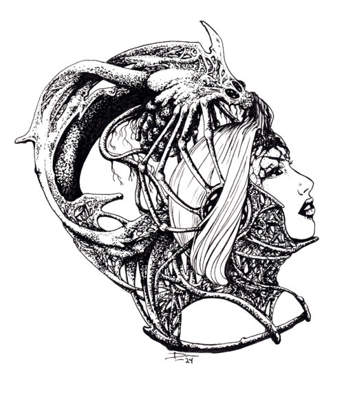 A sci-fi ink drawing of a woman with an alien monster on her head.