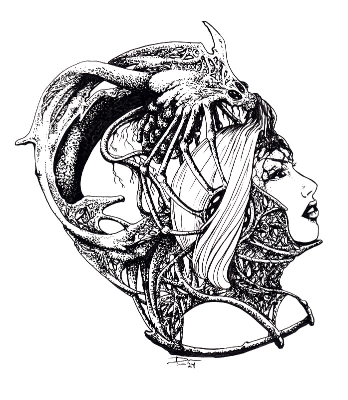 A sci-fi ink drawing of a woman with an alien monster on her head.